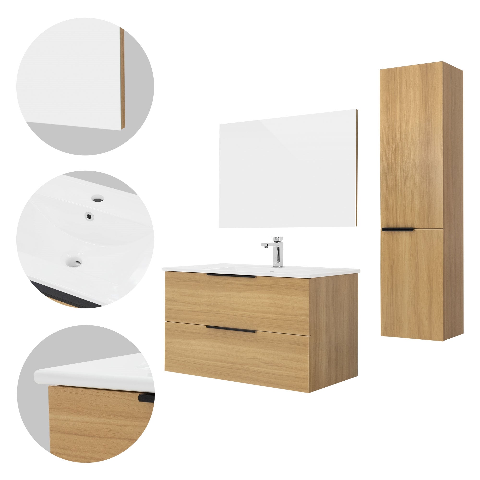 Wooden washbasin with two drawers and tall cabinet.
