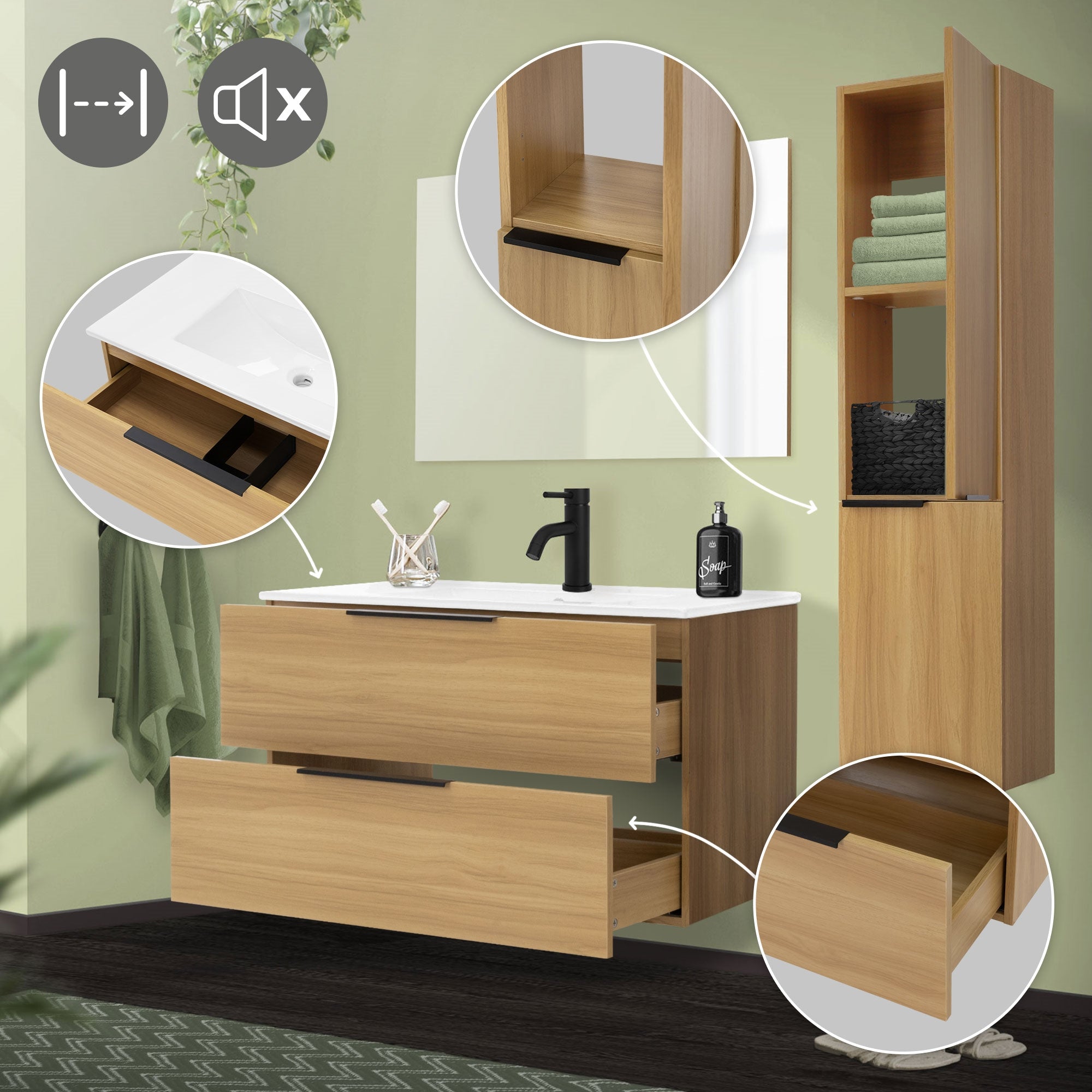A bathroom furniture with two drawers and a washbasin on a white surface.