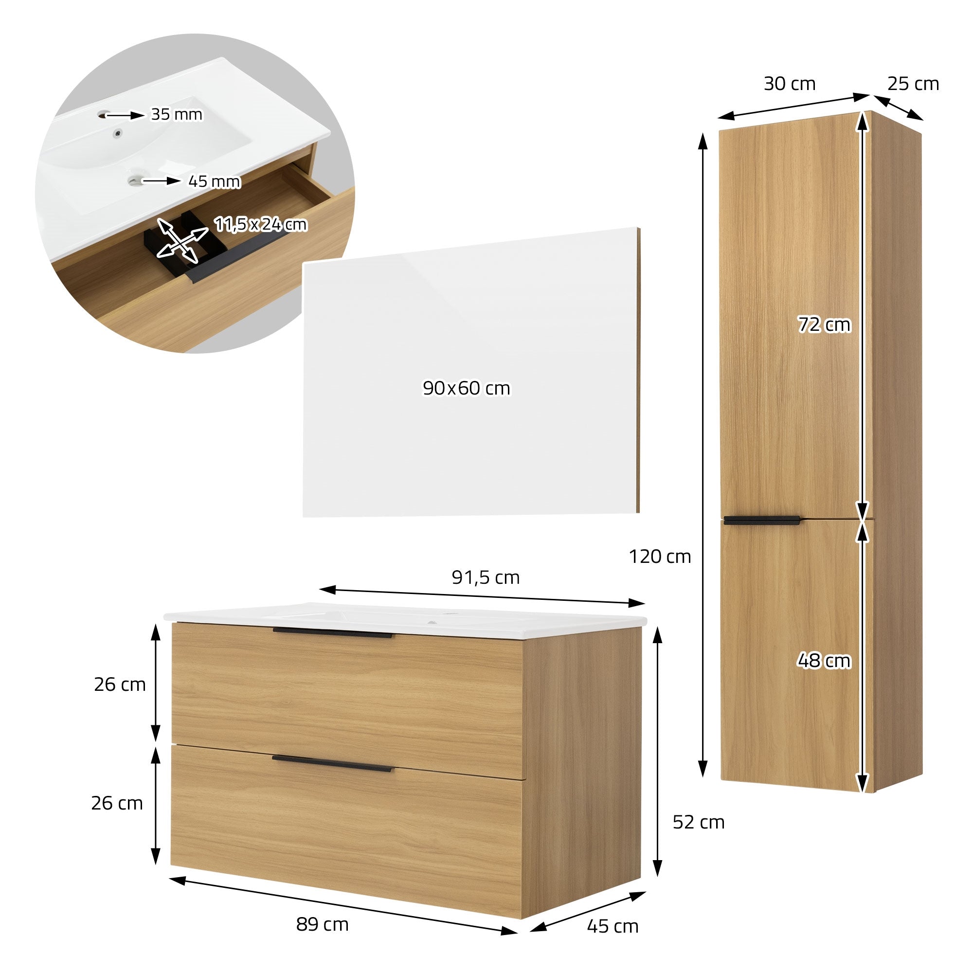 Bathroom furniture with dimensions and details about cabinet and mirror.