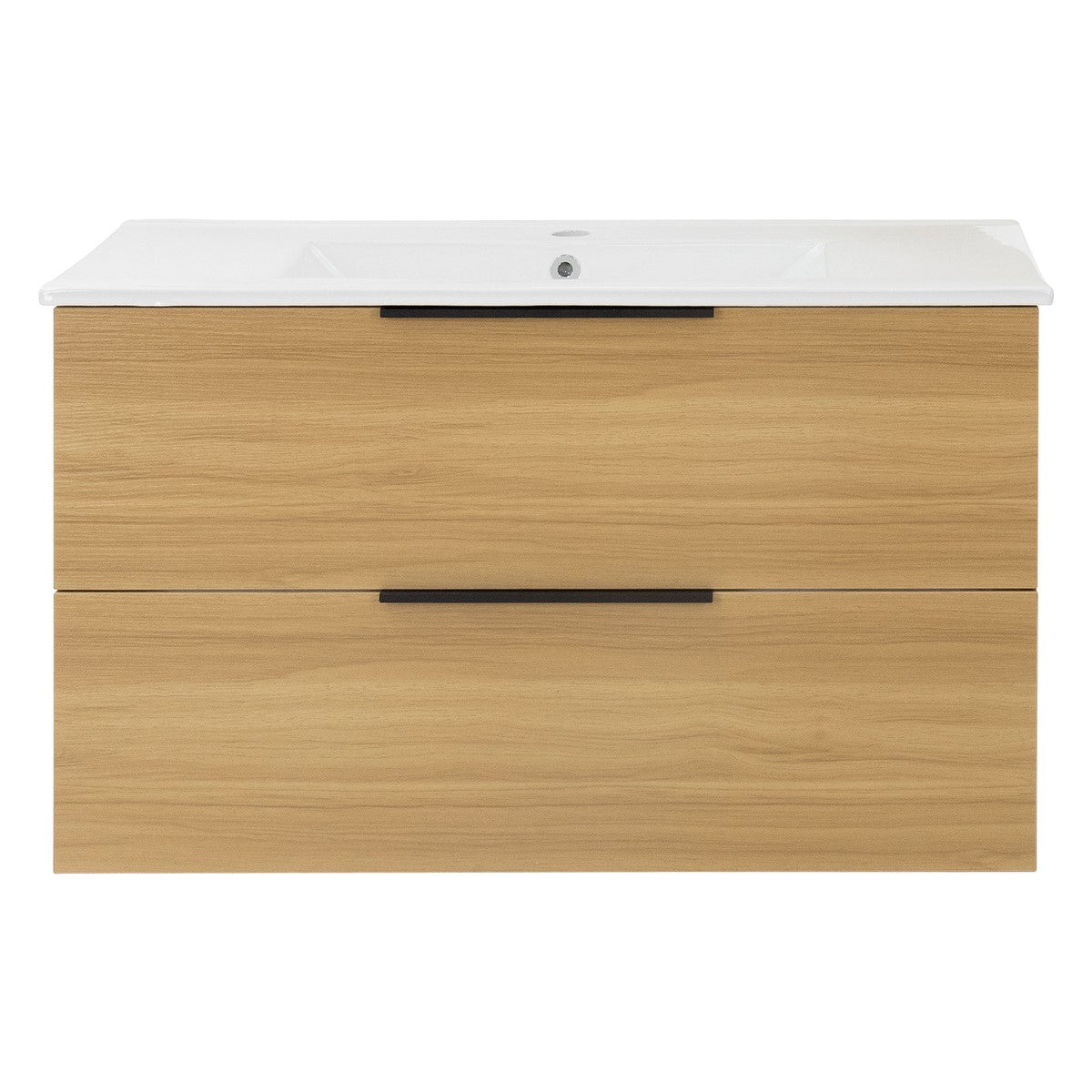 Holzfarbener Badezimmerunterschrank mit zwei Schubladen und Waschbecken.