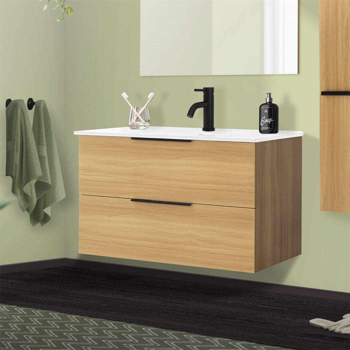 Schwebender Badezimmerunterschrank aus Holz mit zwei Schubladen und Waschbecken.