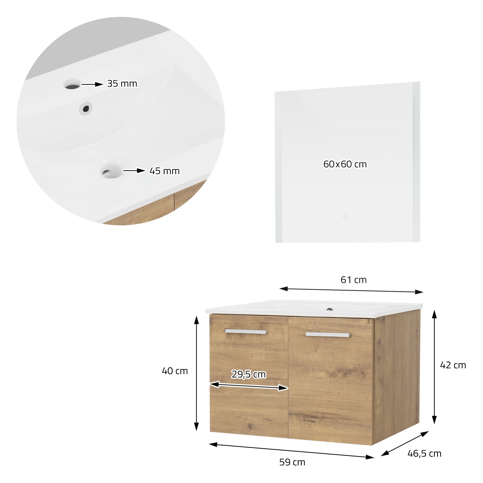 Diagrama con medidas de un mueble, incluyendo lavabo y base de madera.