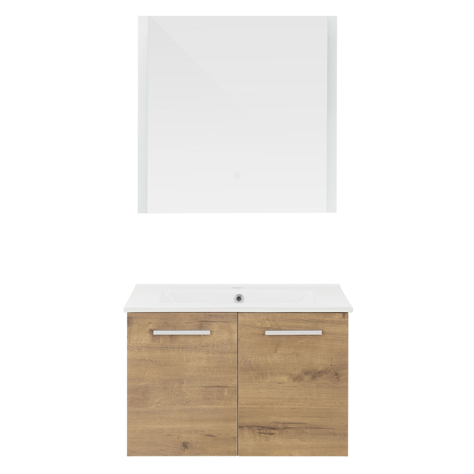 Muebles de baño con dos cajones y un gran espejo.