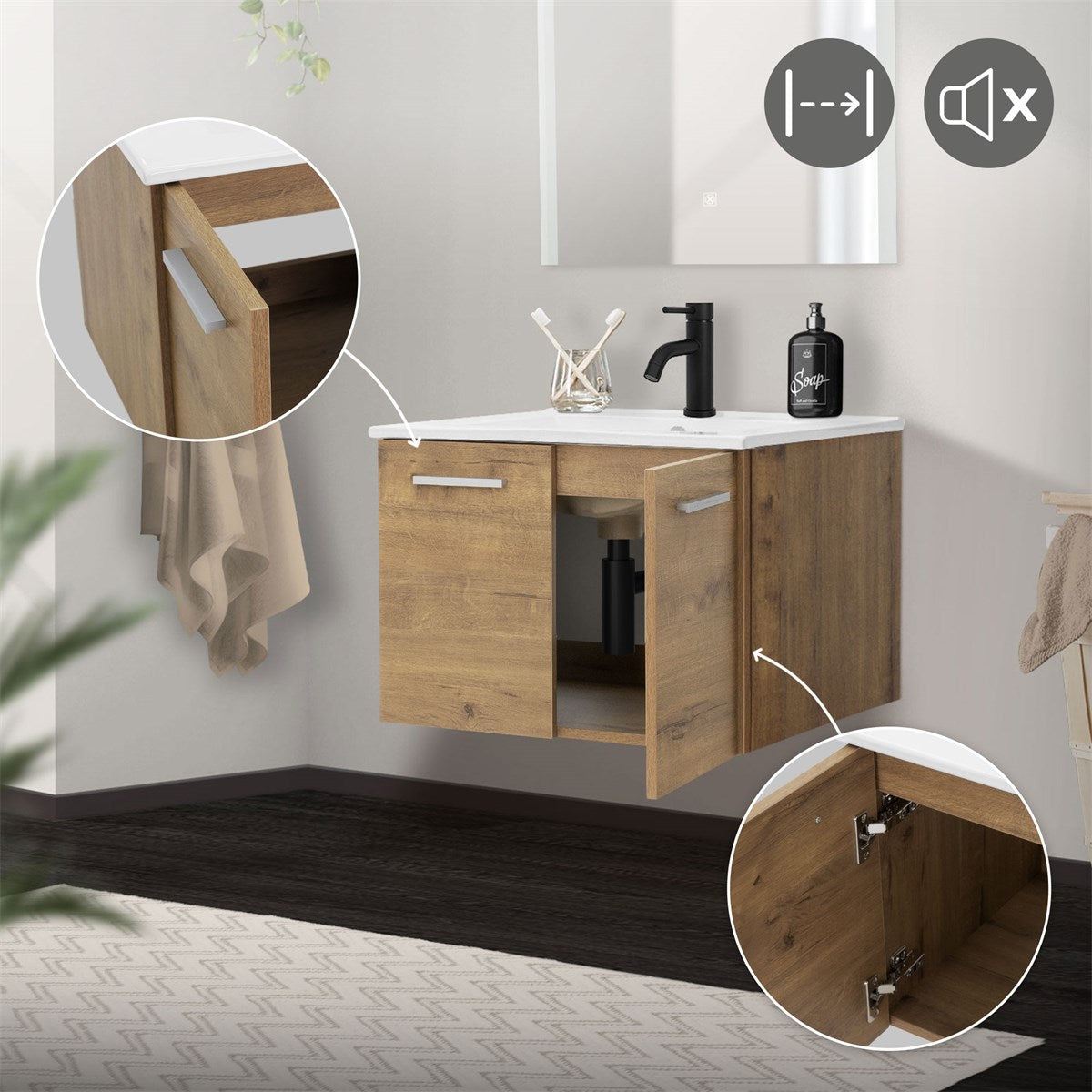 Wall-mounted vanity unit with two doors and a faucet.