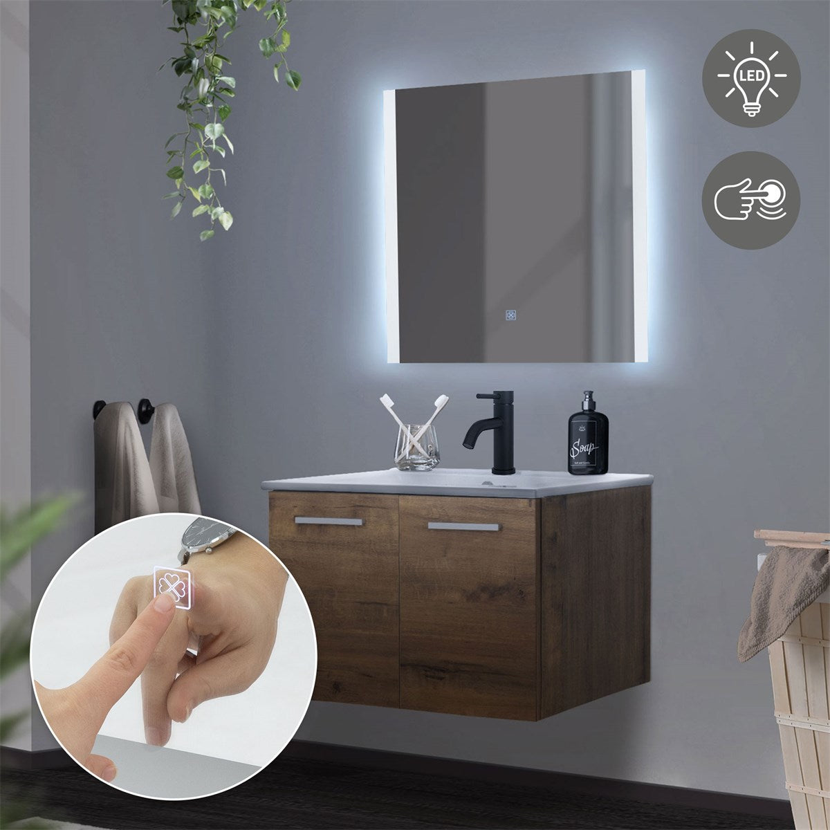 Wall-mounted wooden cabinet with an illuminated mirror and washbasin.