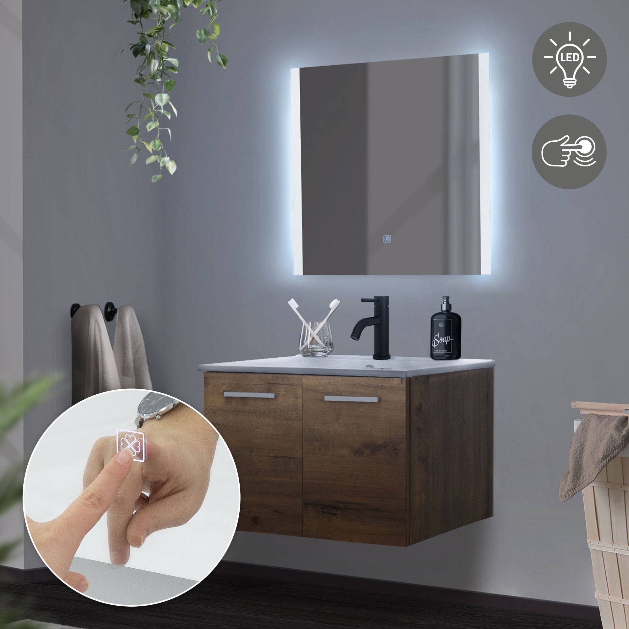 Armario de madera colgante con espejo iluminado y lavabo.