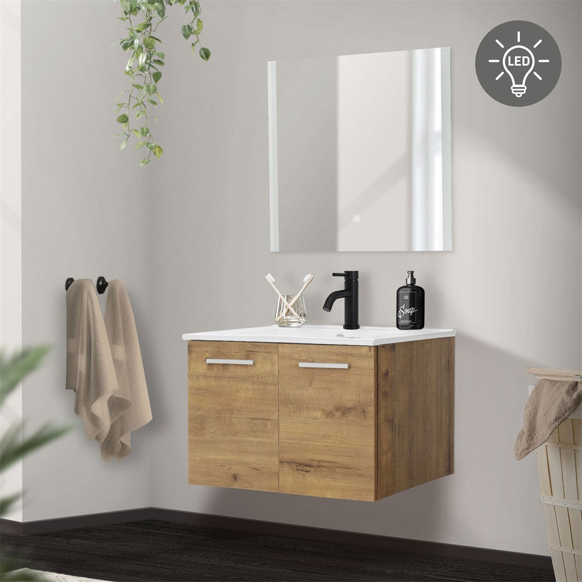 Wall-mounted wooden cabinet with sink and mirror in a modern bathroom.