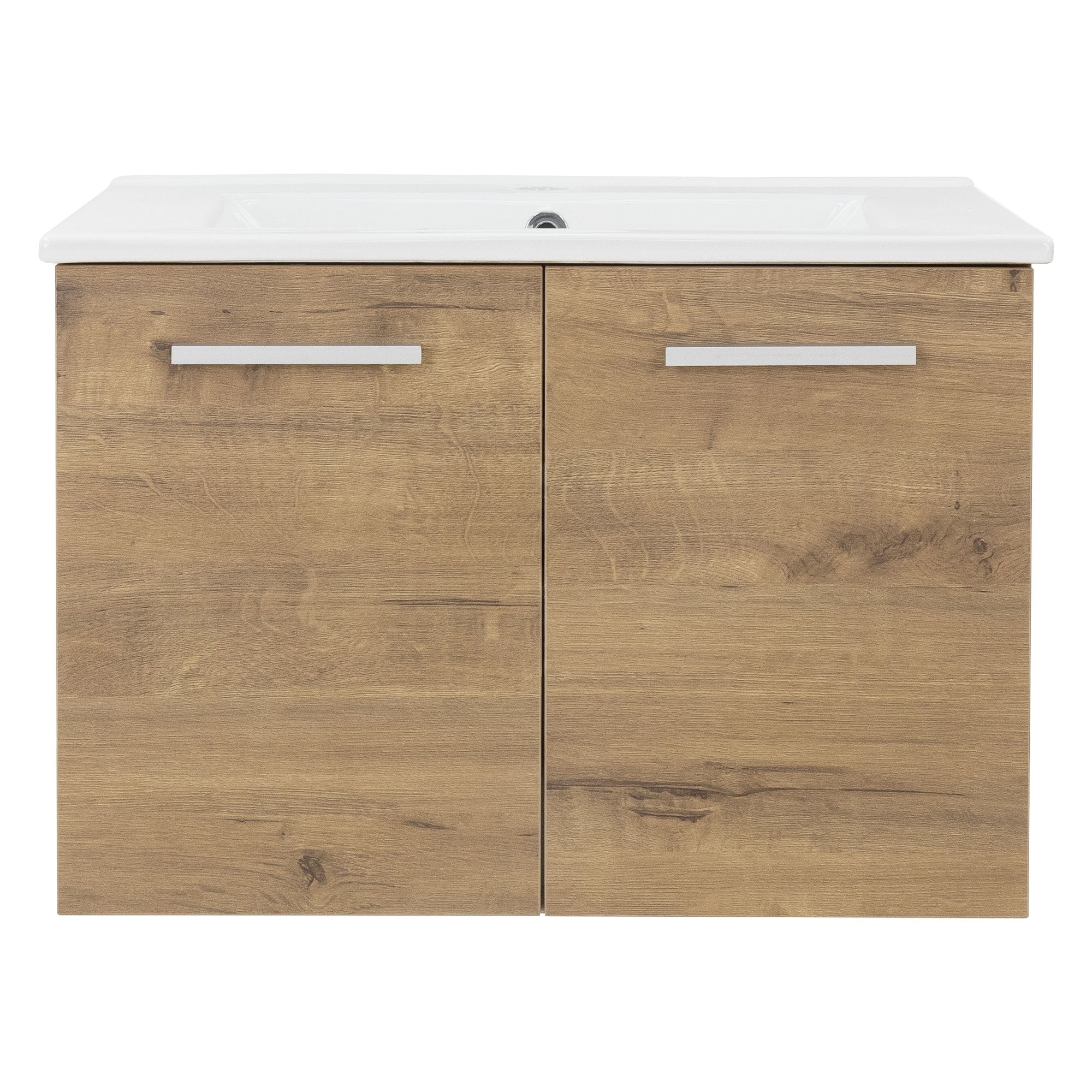 Mueble de lavabo de madera con dos puertas y tiradores plateados.