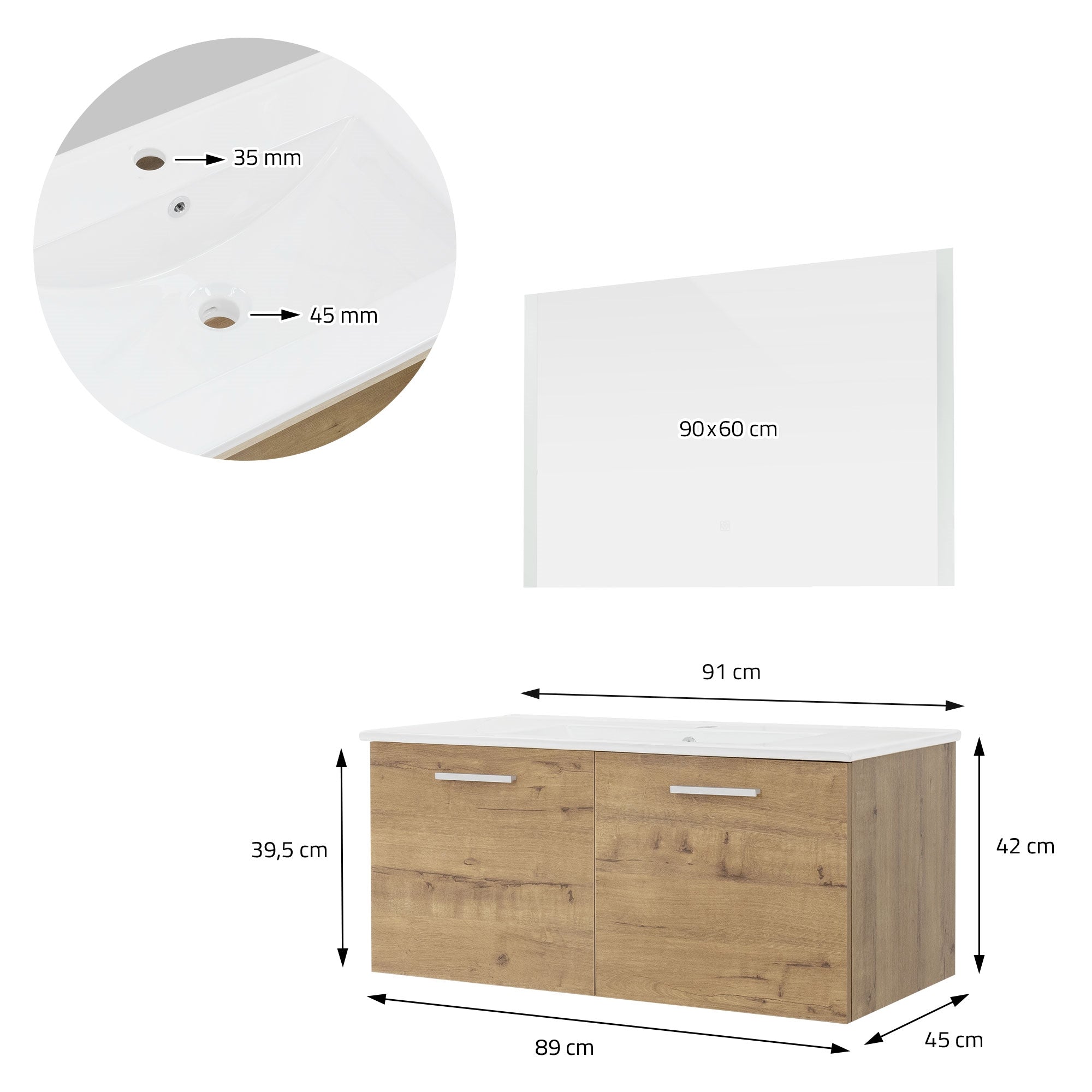 Indicazione delle misure per un armadio in legno con lavabo e specchio.