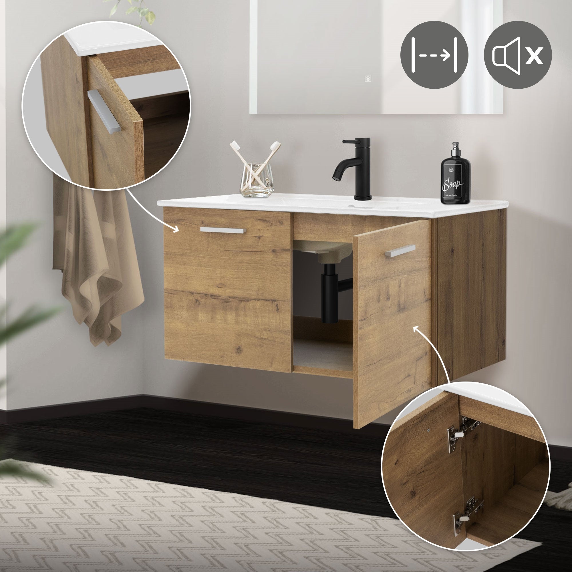Meuble lavabo en bois avec deux portes et lavabo, vue détaillée.