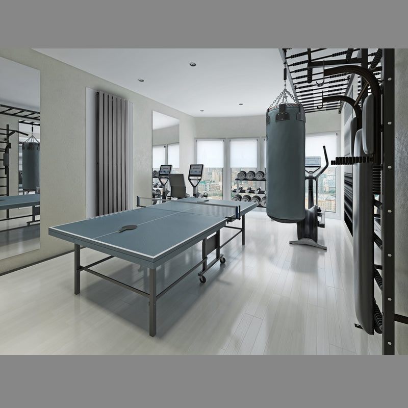 Training room with table tennis table, fitness equipment, and punching bag.