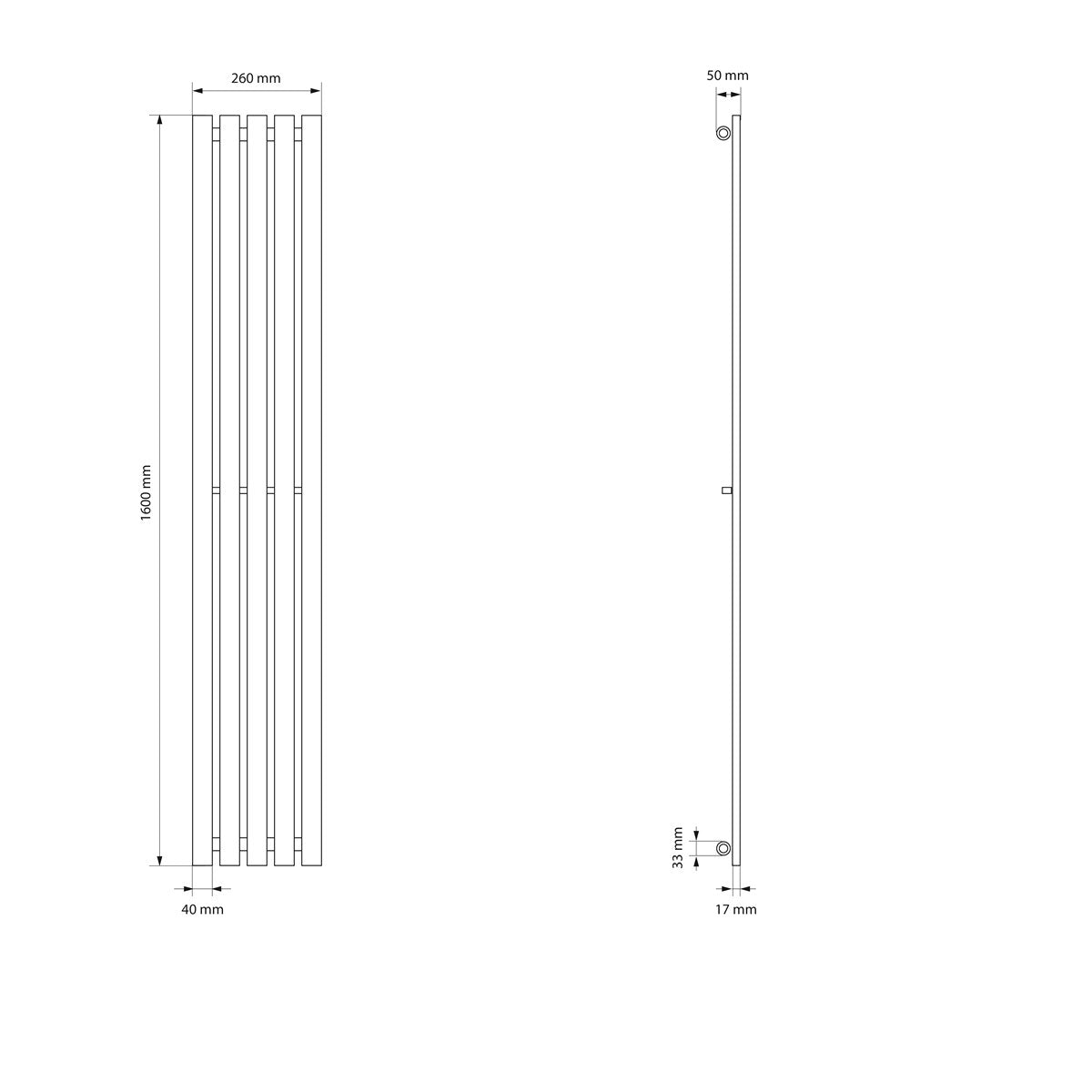 Radiátor műszaki rajza méretekkel és oldalnézettel.