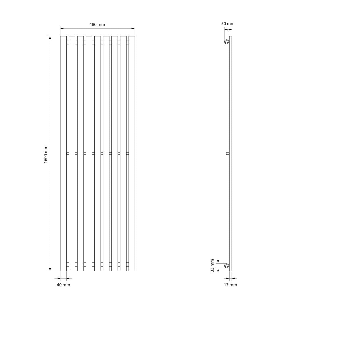 Disegno tecnico con le dimensioni del prodotto: 480 mm di larghezza e 1600 mm di altezza.