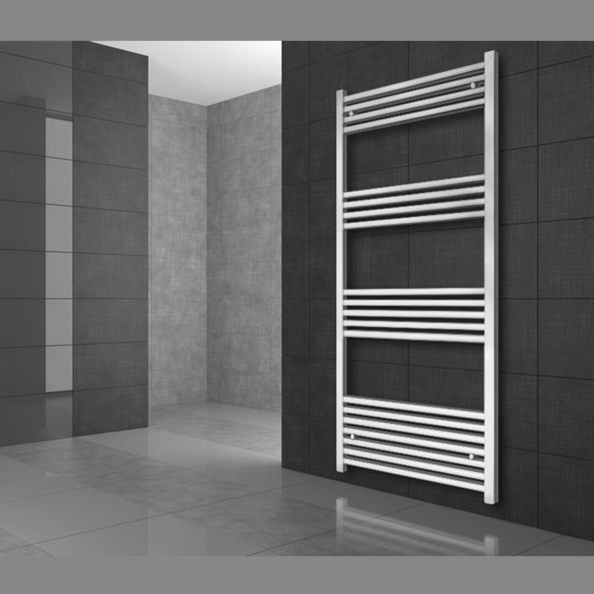 Detailed view of a white towel radiator with straight pipes.