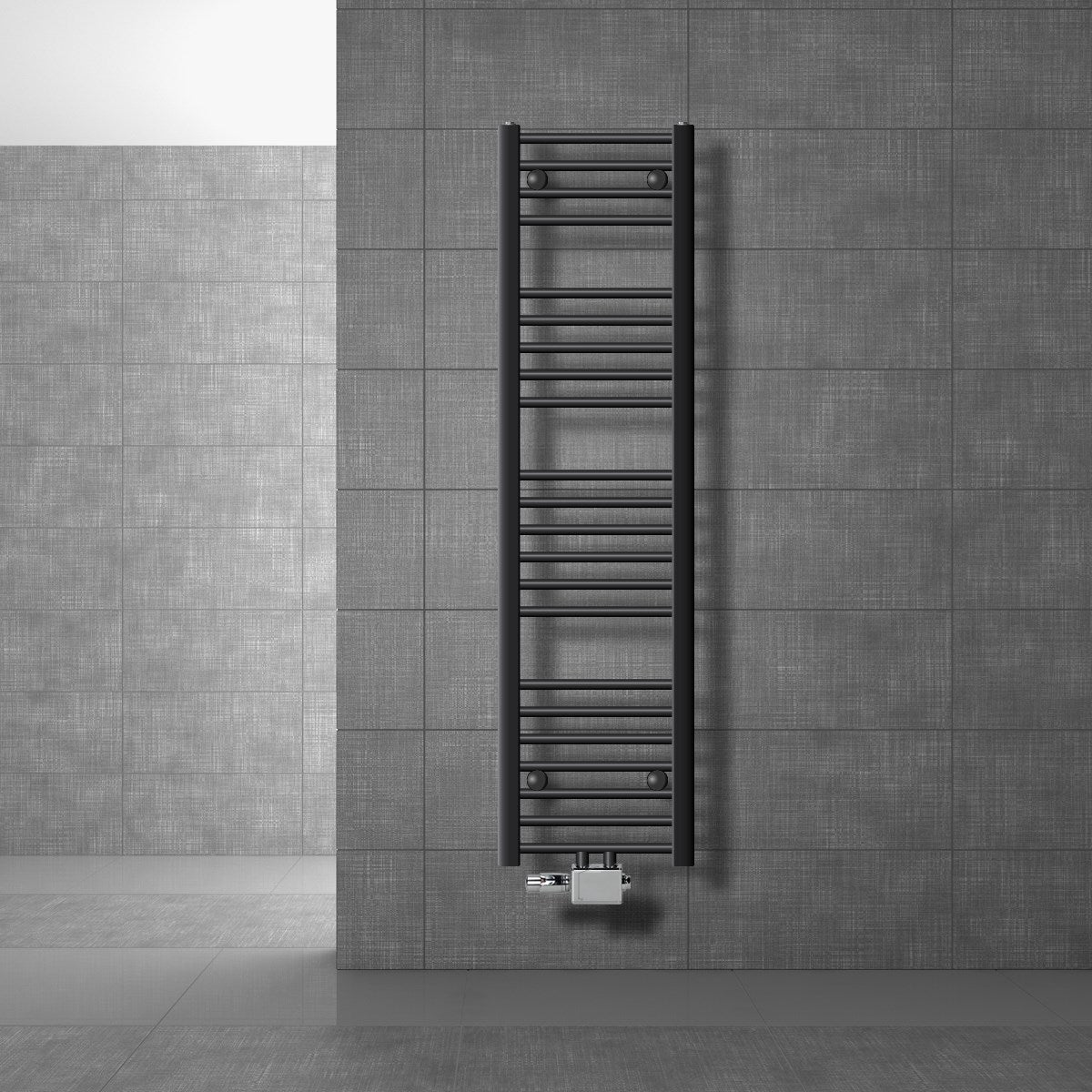 Narrow black towel radiator on a gray wall.