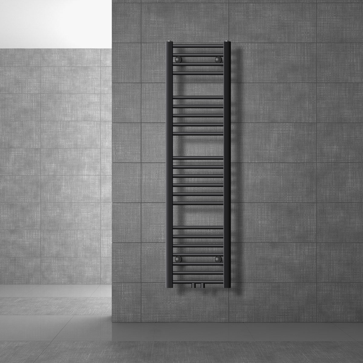 Black towel radiator on a gray wall.