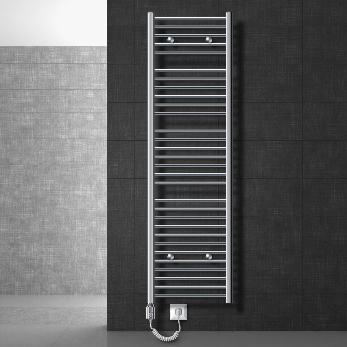 A vertical chrome towel radiator on a dark wall.