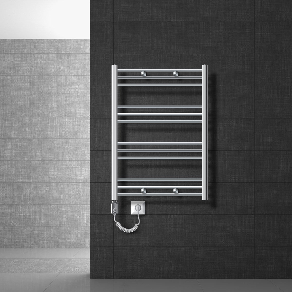 A medium-height electric towel radiator with a plug on a wall.