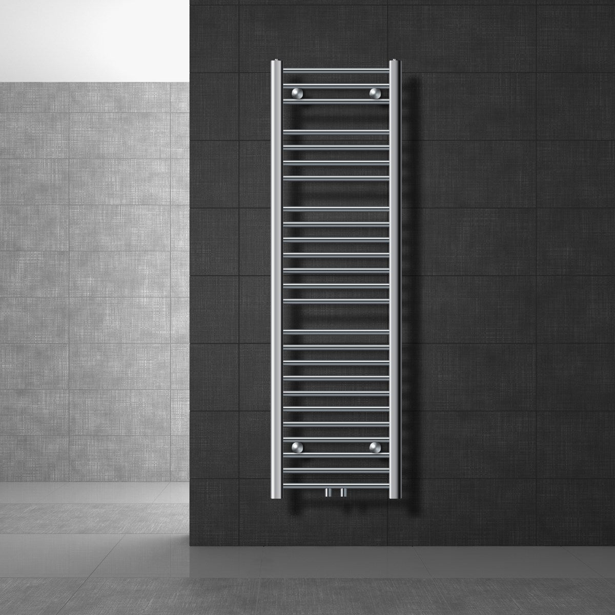 A medium-sized stainless steel towel radiator on a dark wall.