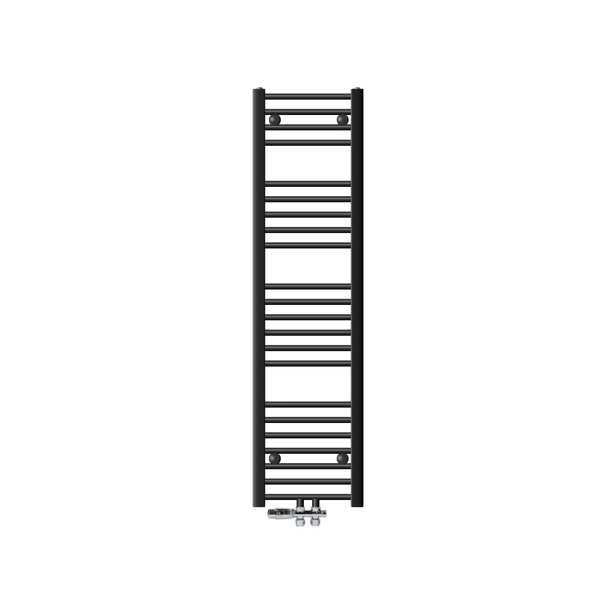 A narrow black towel radiator with vertical and horizontal bars.