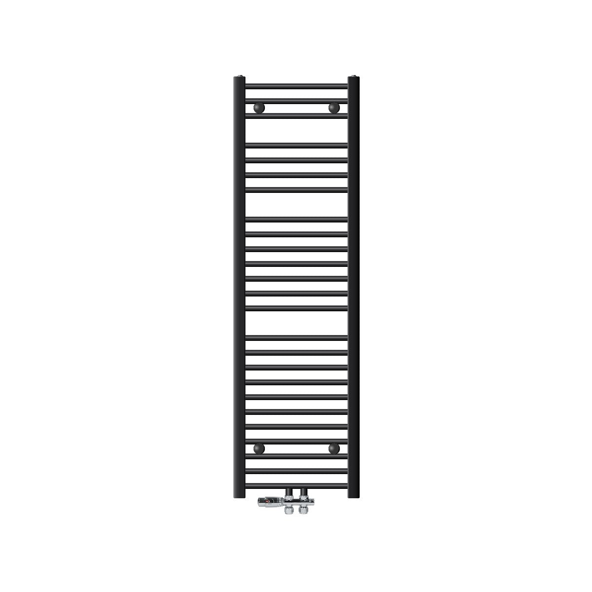 Zwarte handdoekradiator met vloeraansluiting en horizontale buizen.