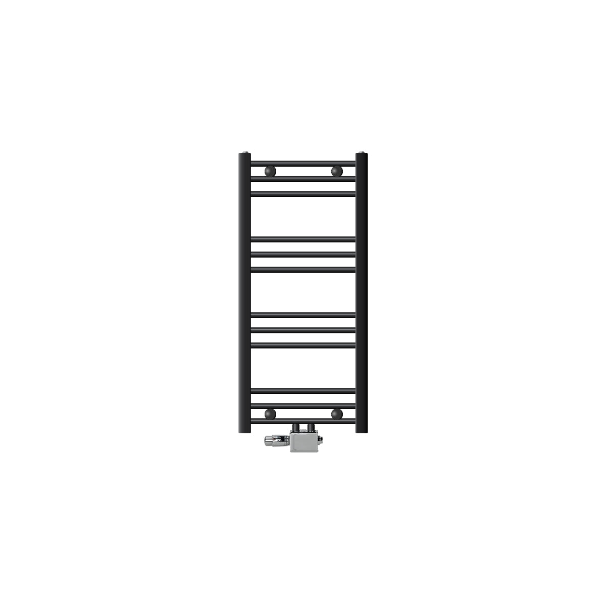 Small black towel radiator with horizontal tubes.