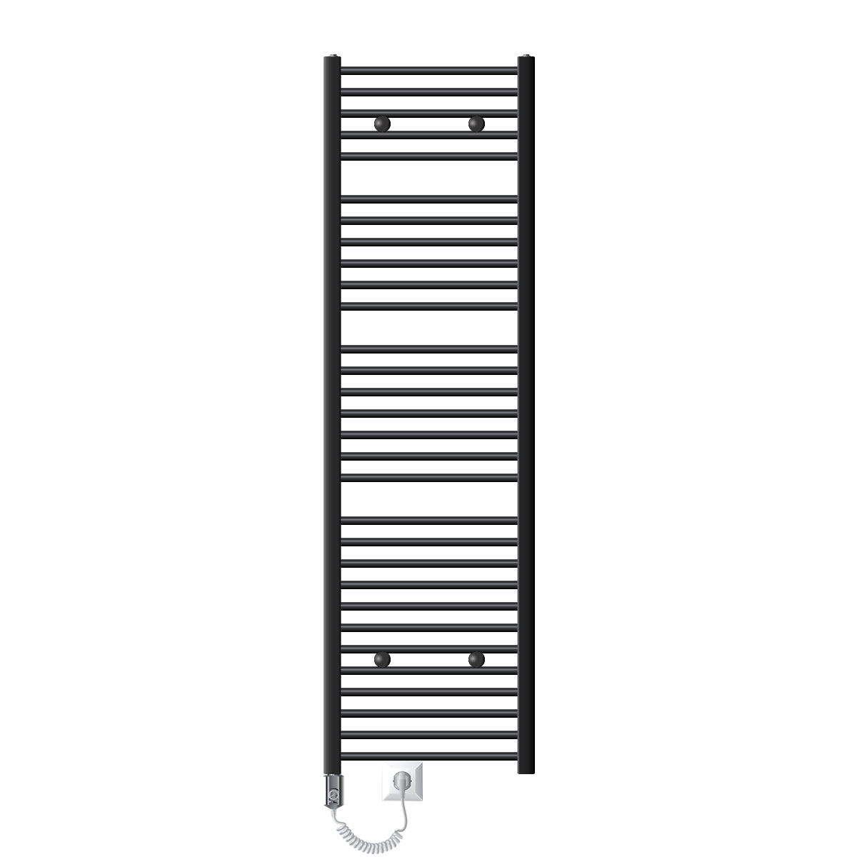 Schmaler elektrischer Handtuchheizkörper in Schwarz mit horizontalen Streben.