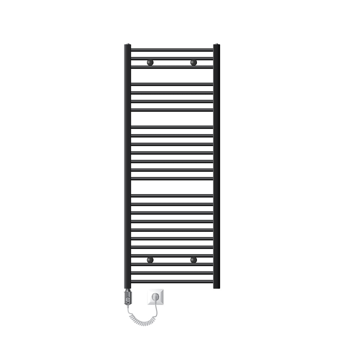 Radiateur électrique noir pour serviettes avec barres horizontales.