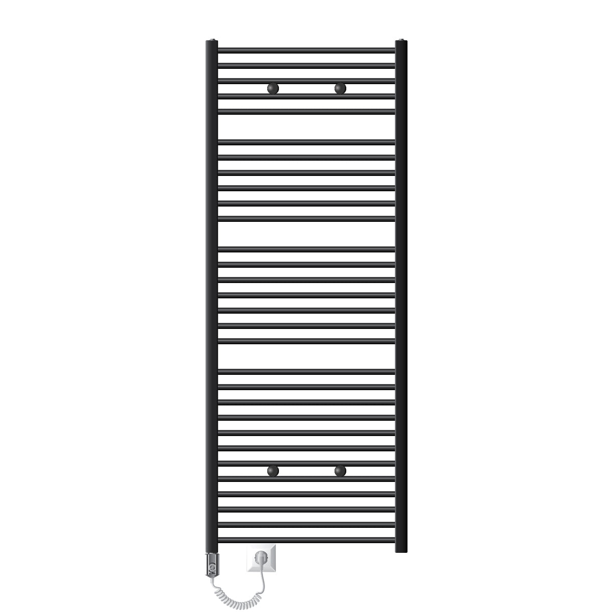 Radiateur à serviettes noir avec plusieurs barres horizontales.