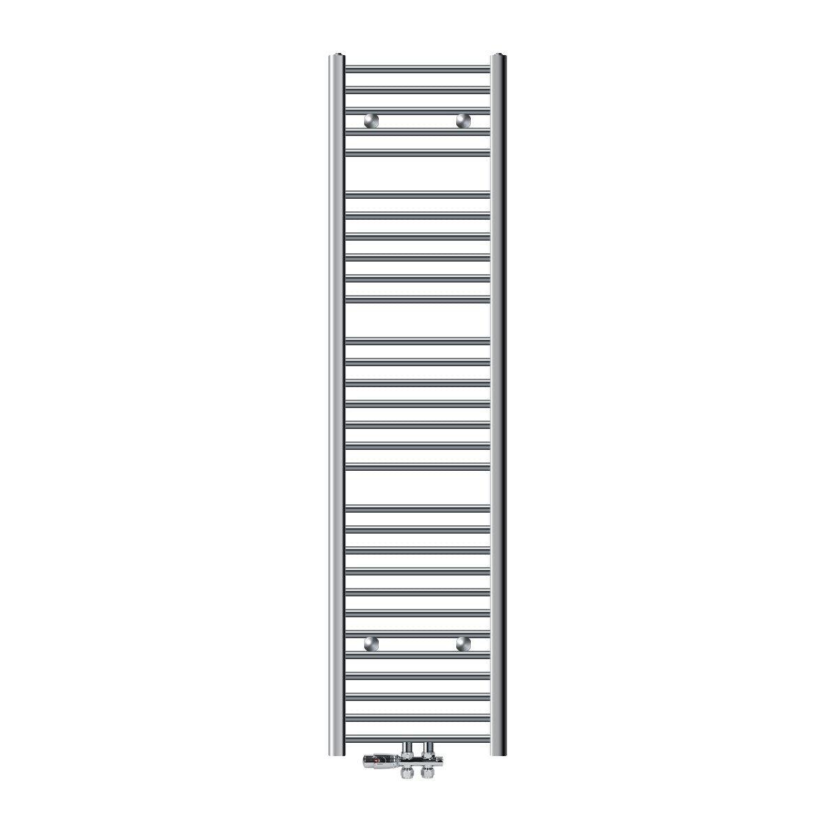 Hoge handdoekradiator met veel horizontale buizen, verchroomd.