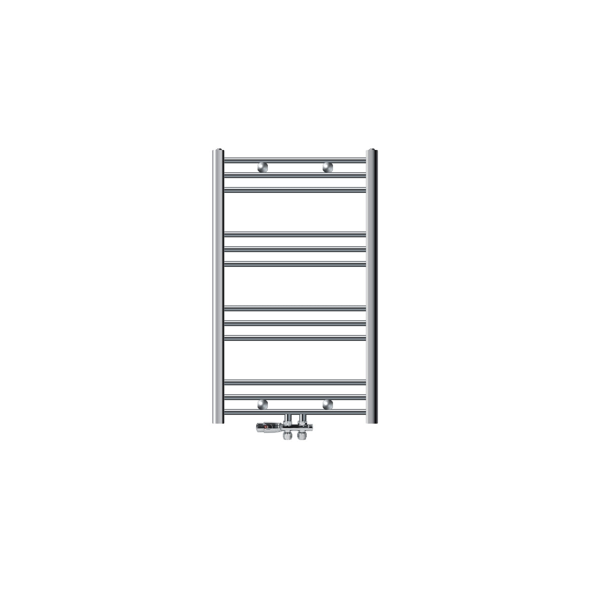 A compact towel radiator with horizontal bars and one connection.