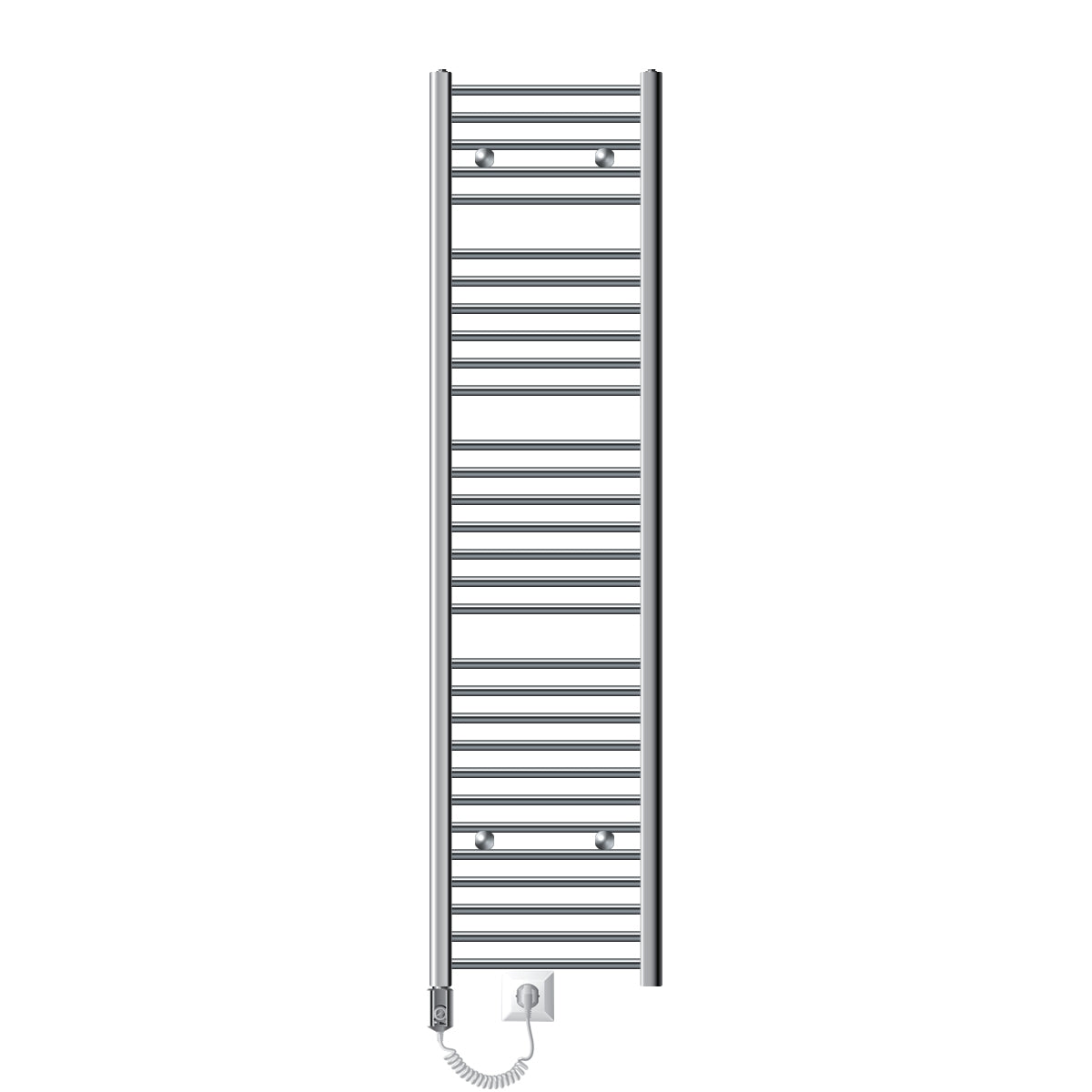 Hoher Handtuchwärmer mit vielen horizontalen Stangen und Stecker.