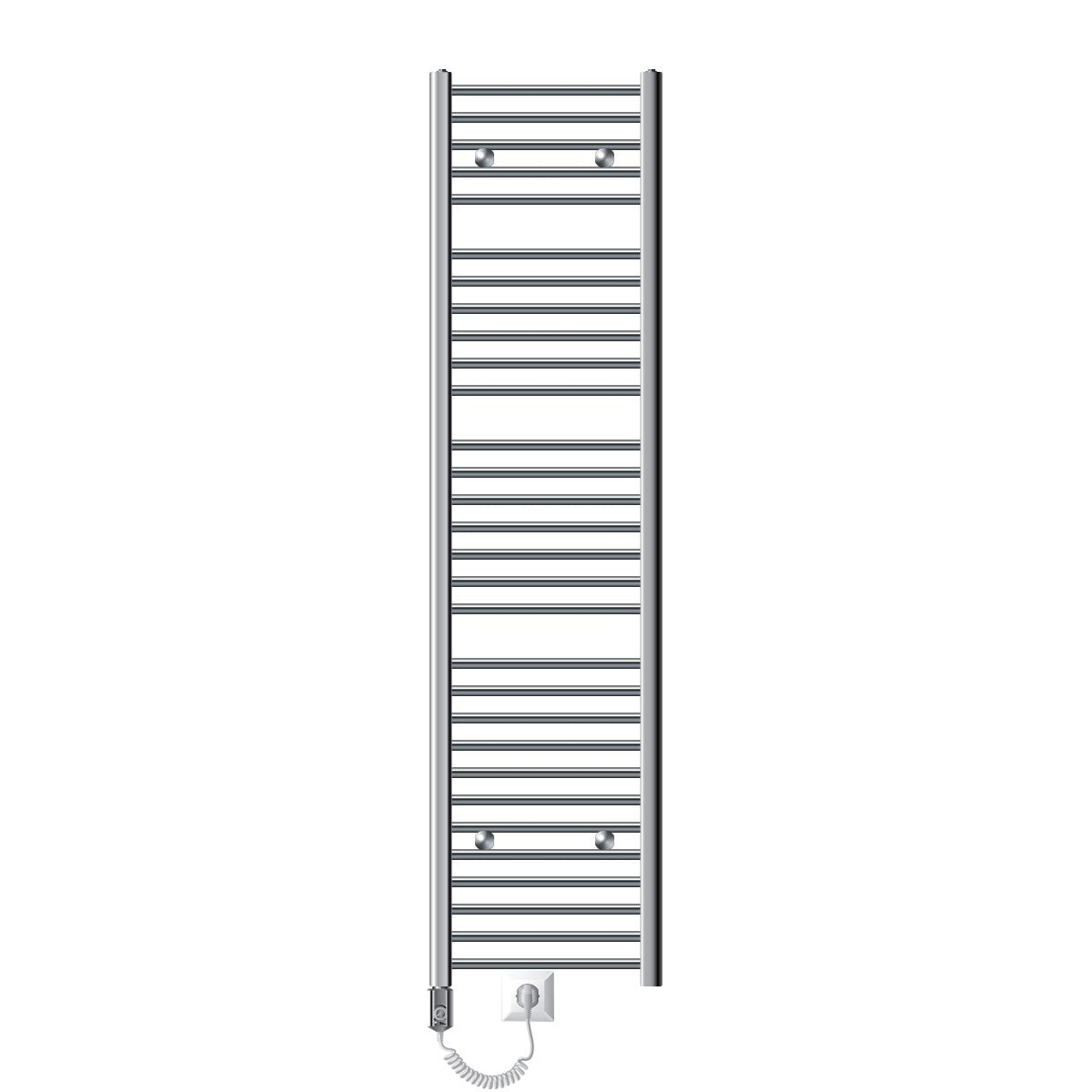 Hoge handdoekverwarmer met veel horizontale stangen en een stekker.
