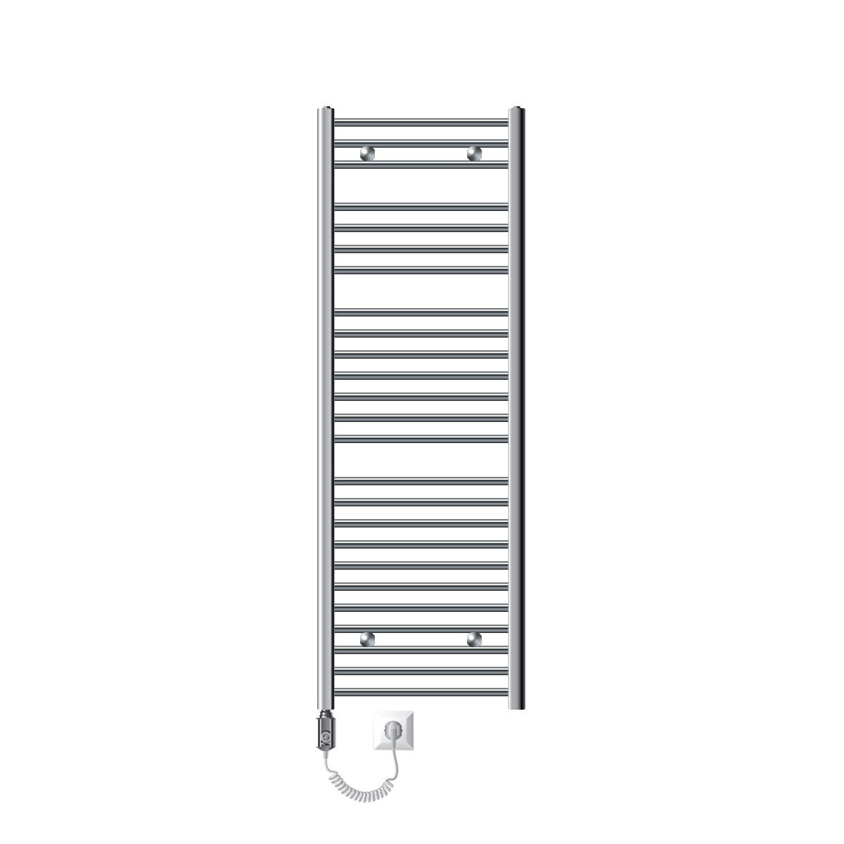 A vertical electric towel radiator with several bars and a connection.