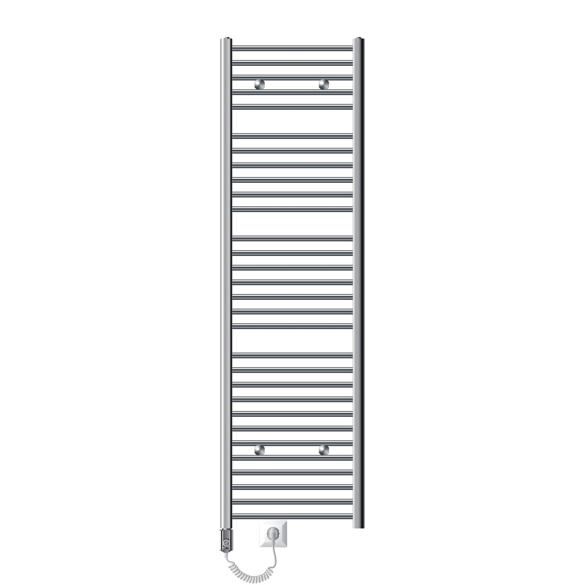 An electric towel warmer with many horizontal bars and a cable.