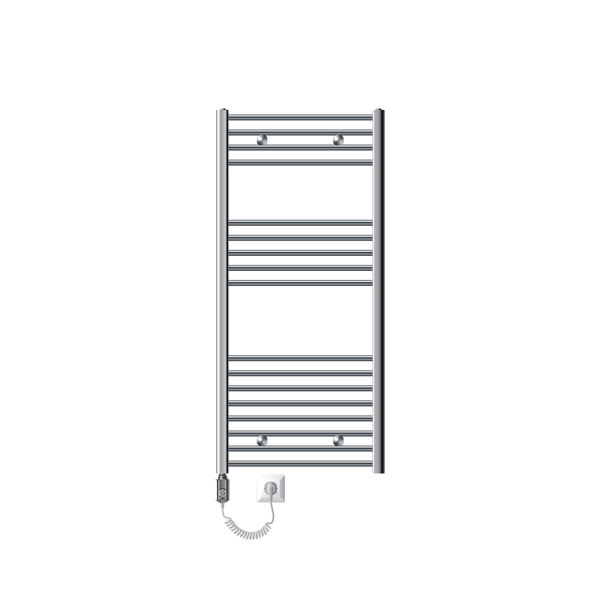 Electric towel radiator with cable and plug, mounted vertically.