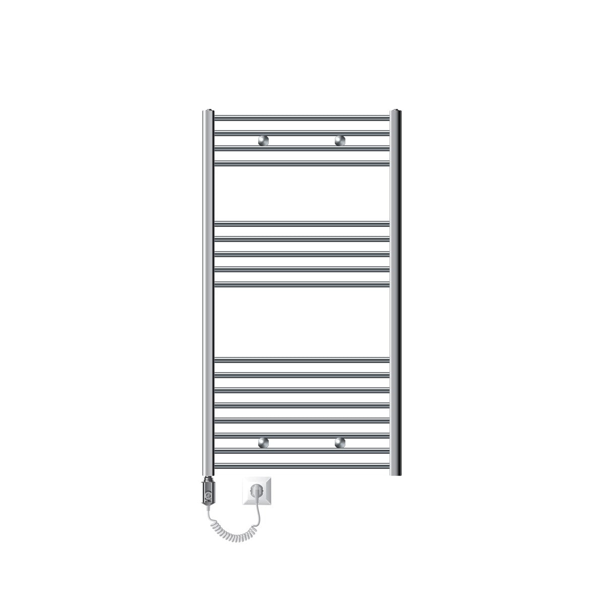 Electric towel radiator with vertical struts, chrome-plated.