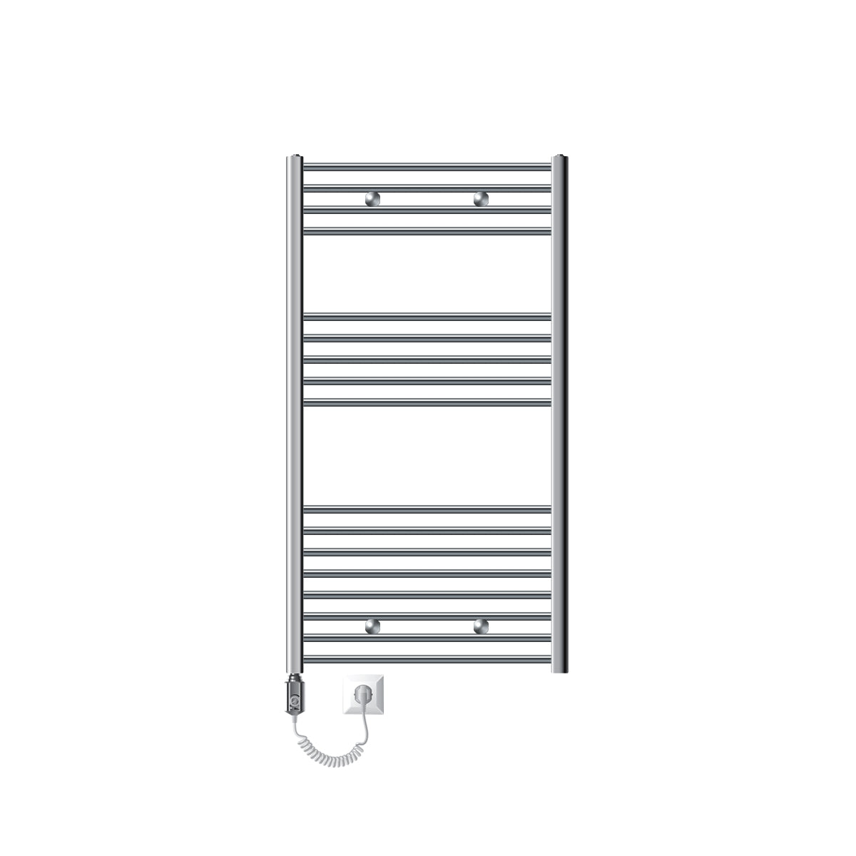Electric towel radiator with vertical bars, chrome-plated.