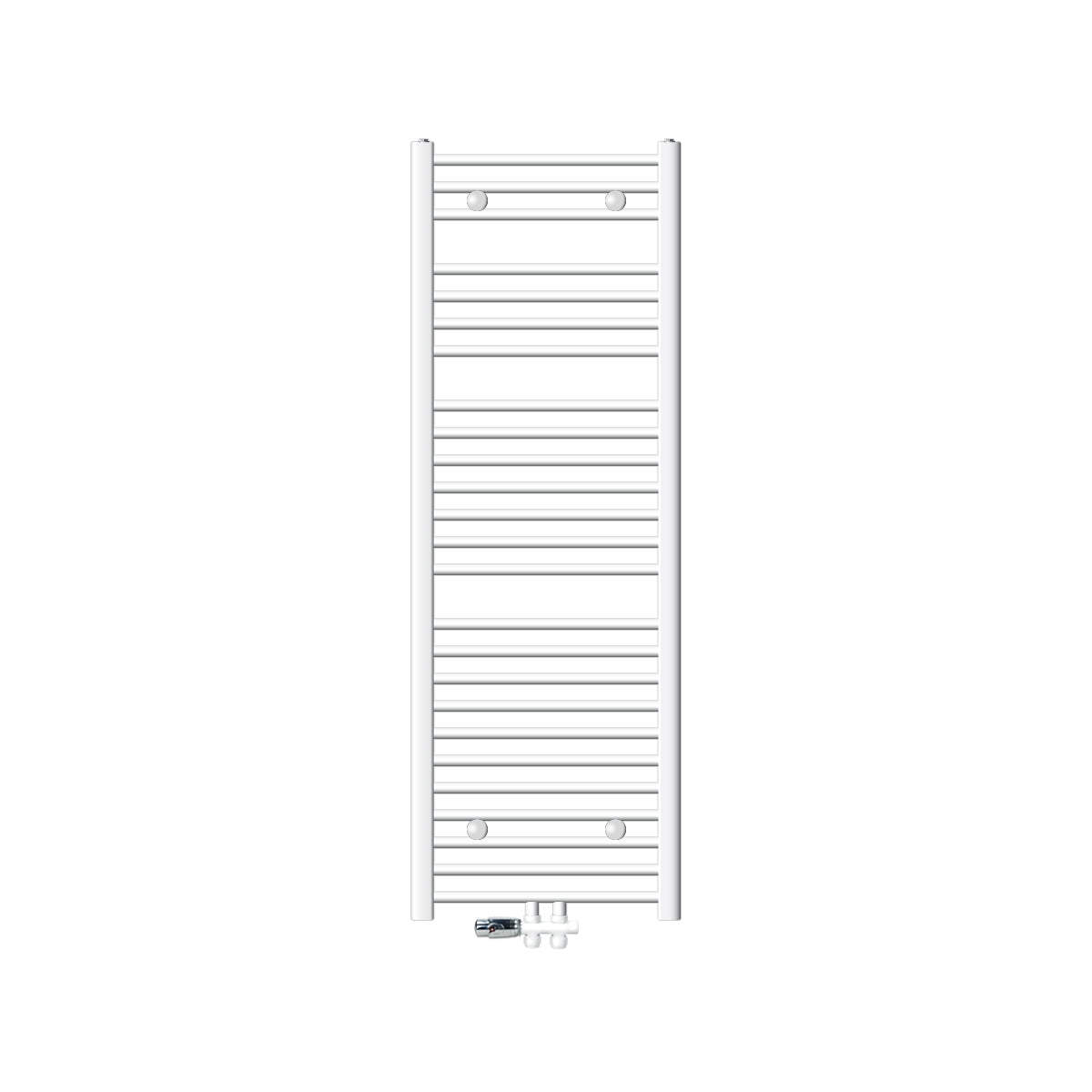 Un radiador vertical con lamas horizontales en blanco.
