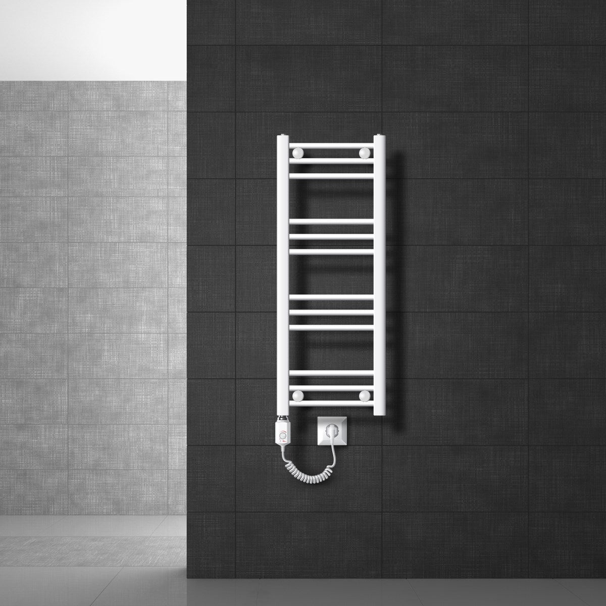 White towel radiator on a dark wall.