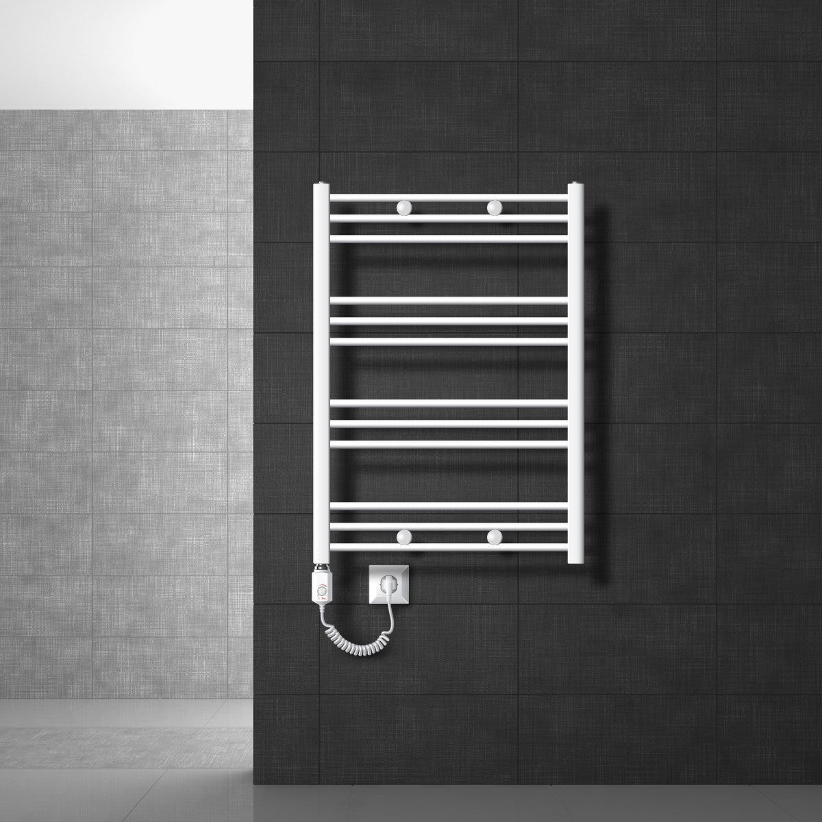 Compact white towel radiator with controls on a dark wall.