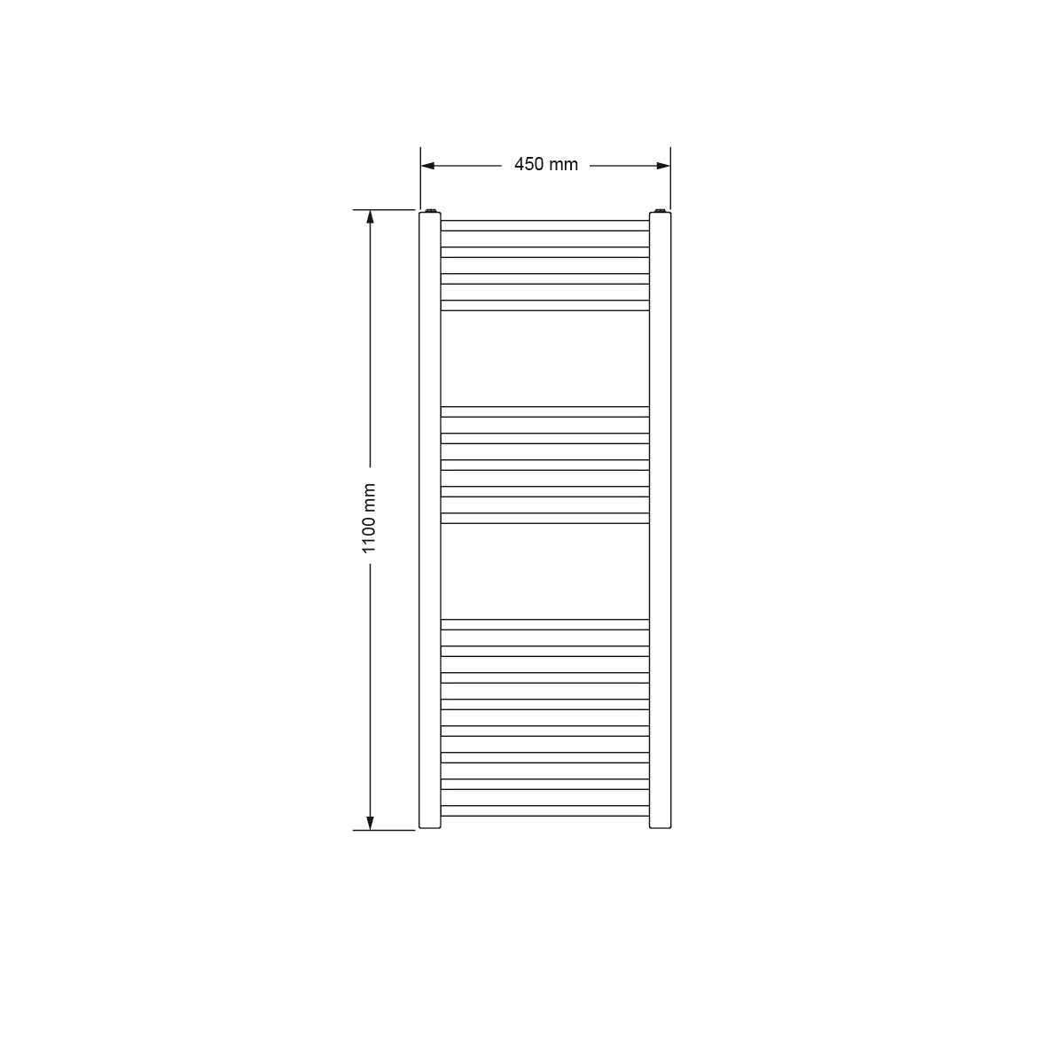 Technical drawing of a straight radiator, dimensions 45x110 cm.