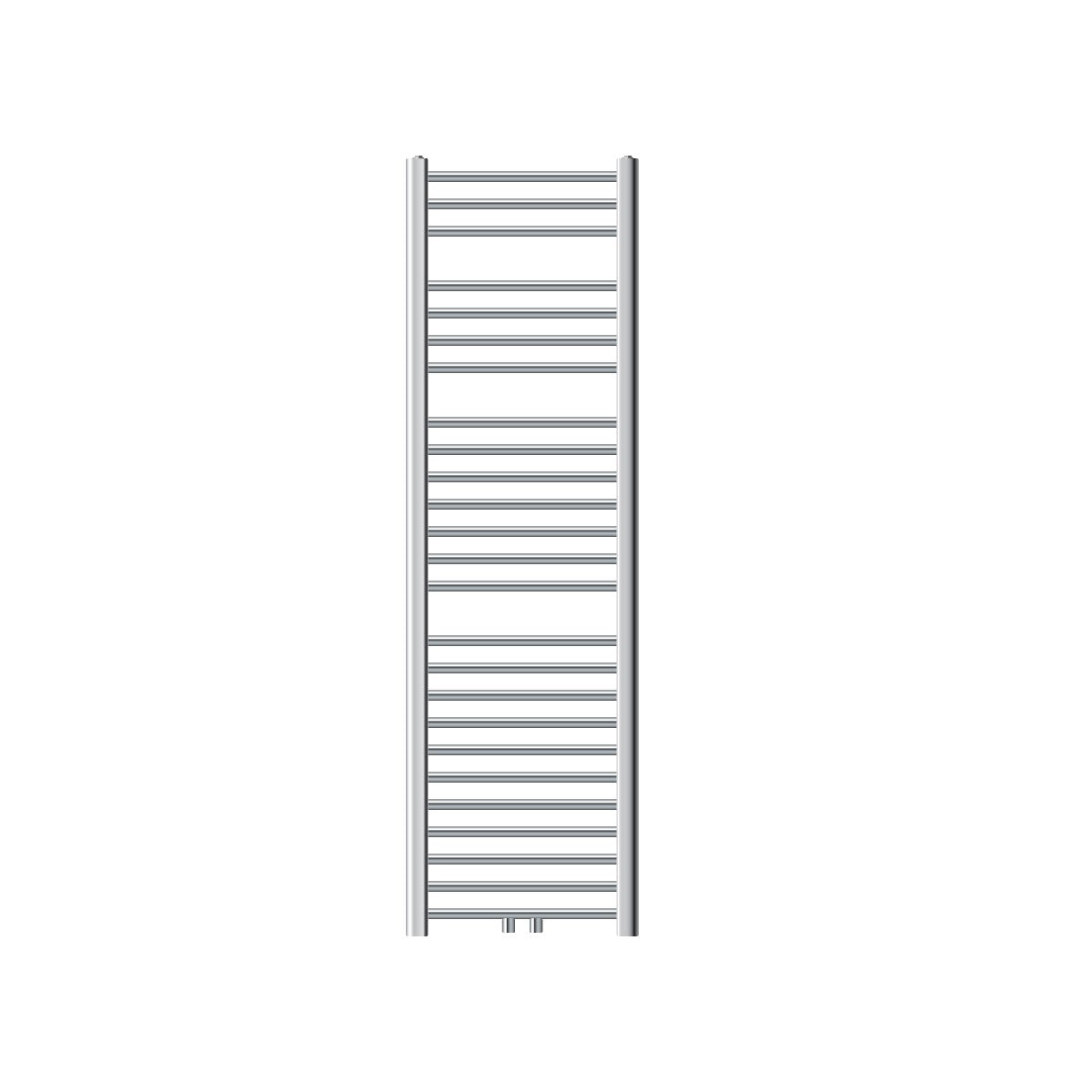Een smalle verticale handdoekradiator met veel horizontale buizen.