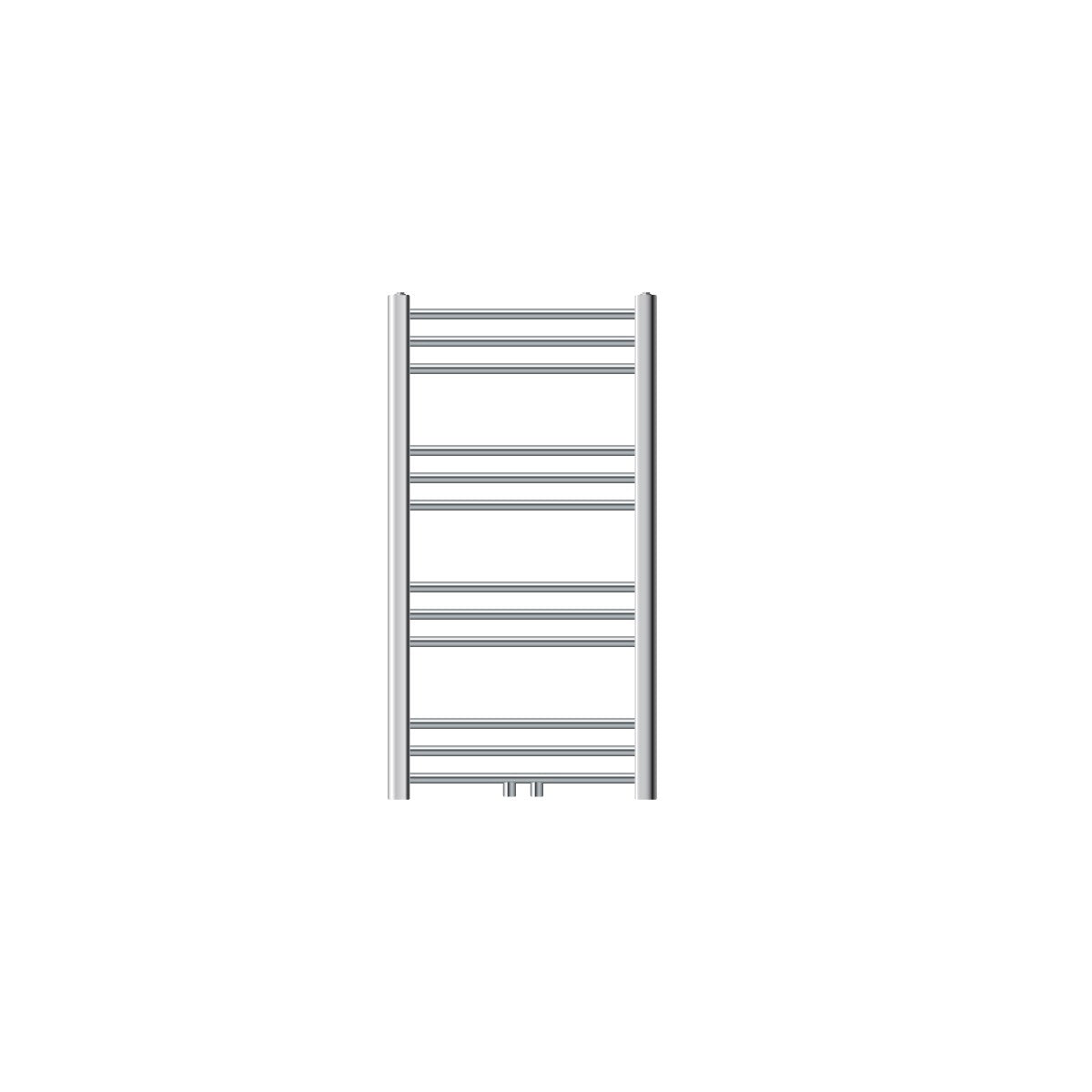 Een kleine verticale handdoekradiator met enkele horizontale buizen.