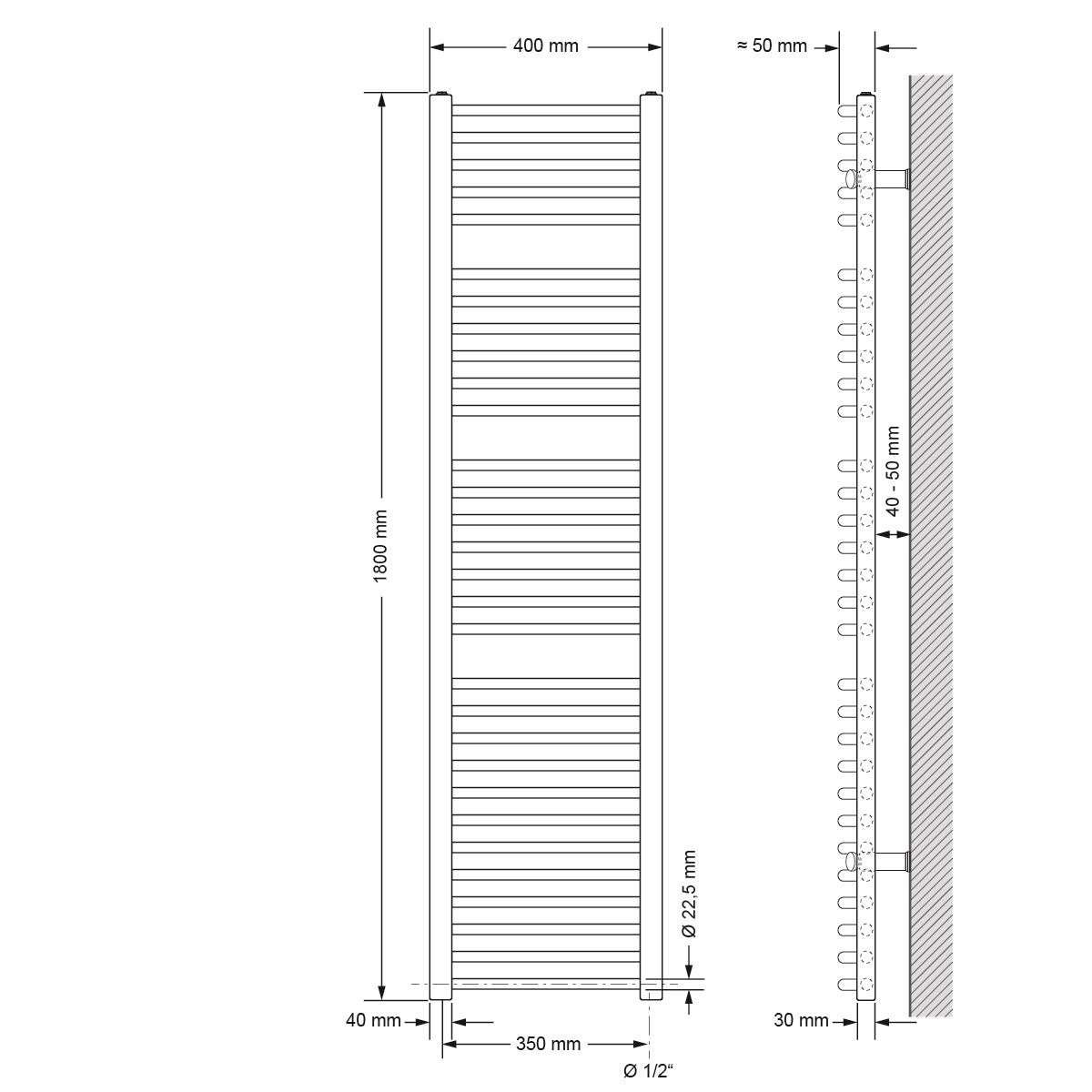 Suora lämpöpatteri, jossa on kaarevat elementit, mitat 40 cm x 180 cm.