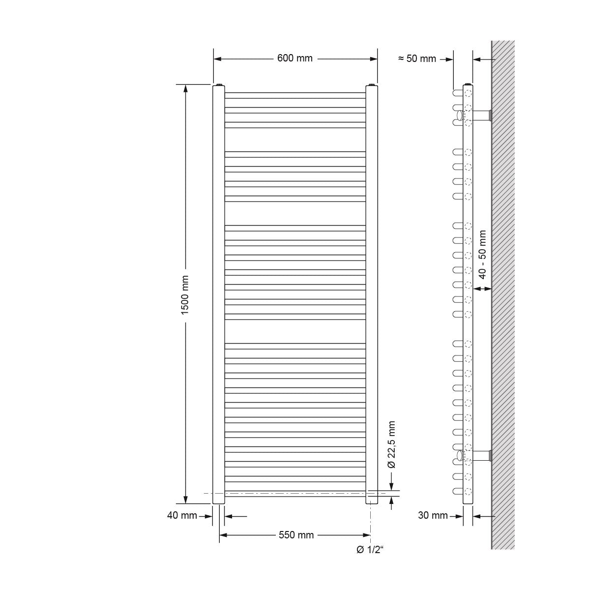 Gebogener Heizkörper mit 60 cm Breite und 150 cm Höhe.