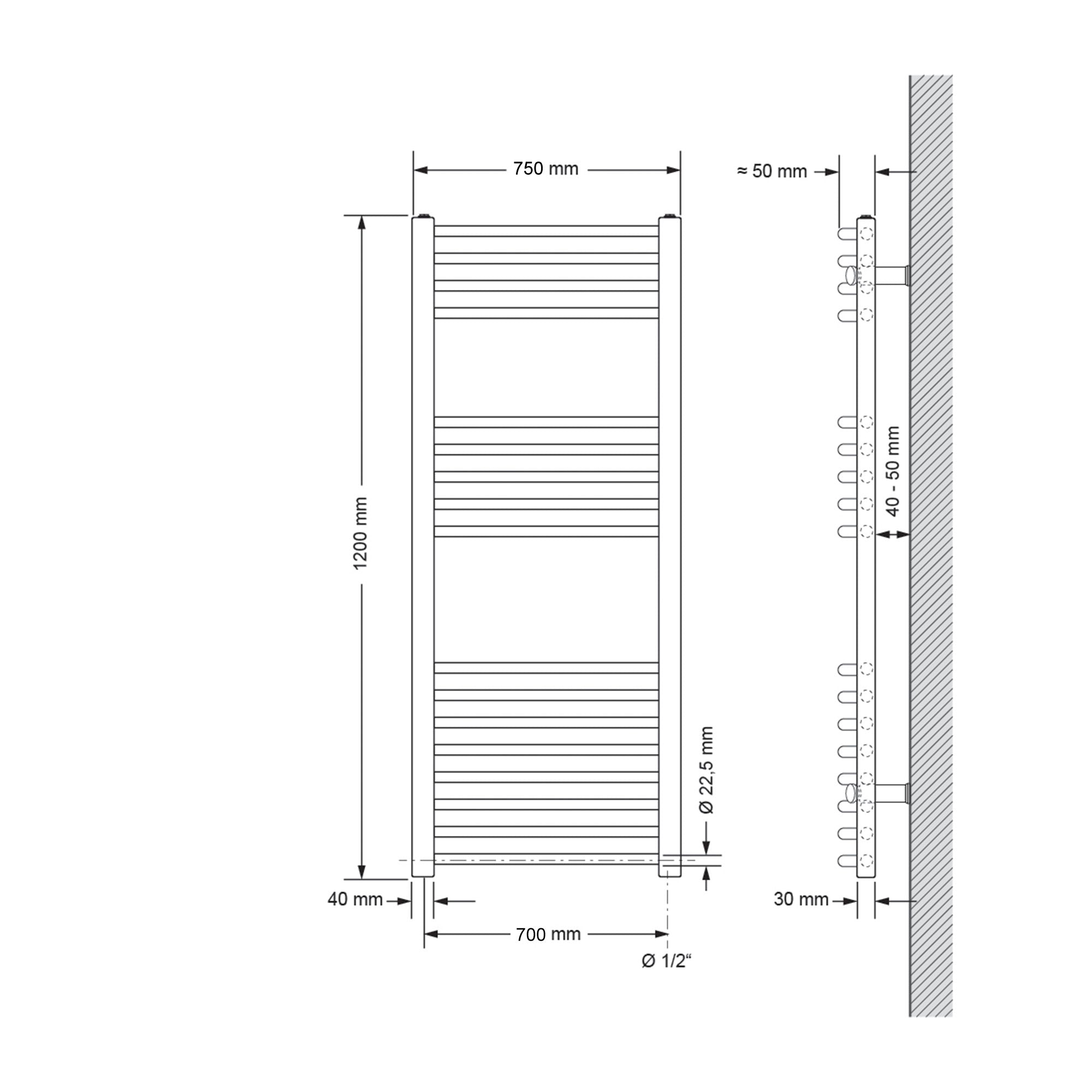 Gebogener Heizkörper mit 75 cm Breite und 120 cm Höhe, vertikale Lamellen.