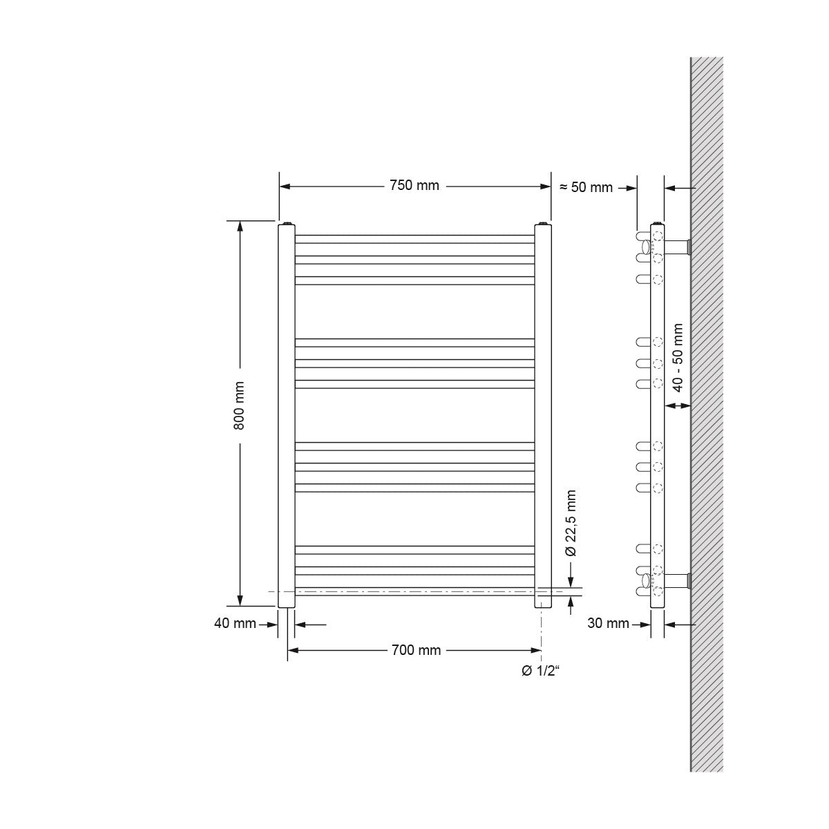 Gebogener Heizkörper mit 75 cm Breite und 80 cm Höhe.