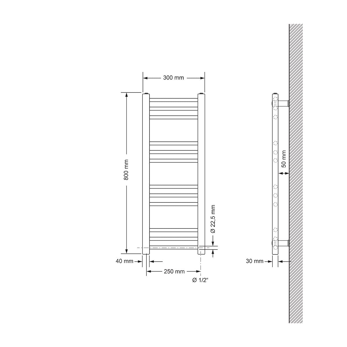Gerader Heizkörper mit 30 cm Breite und 80 cm Höhe, vertikale Lamellen.
