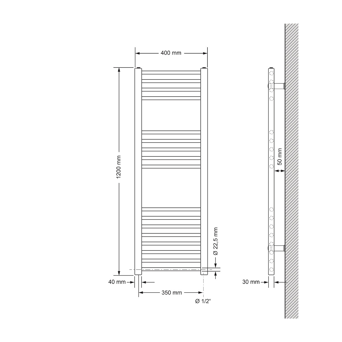 Technische Zeichnung eines geraden Heizkörpers mit Maßen.